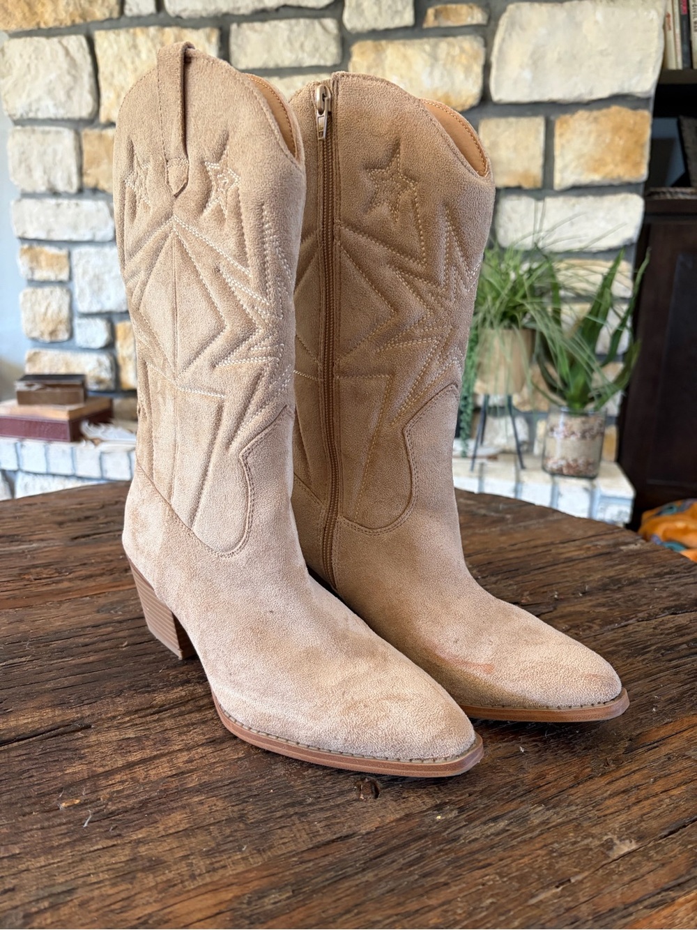 Time &land Tru Tan Faux Suede Western Mid-Calf Boots 7.5